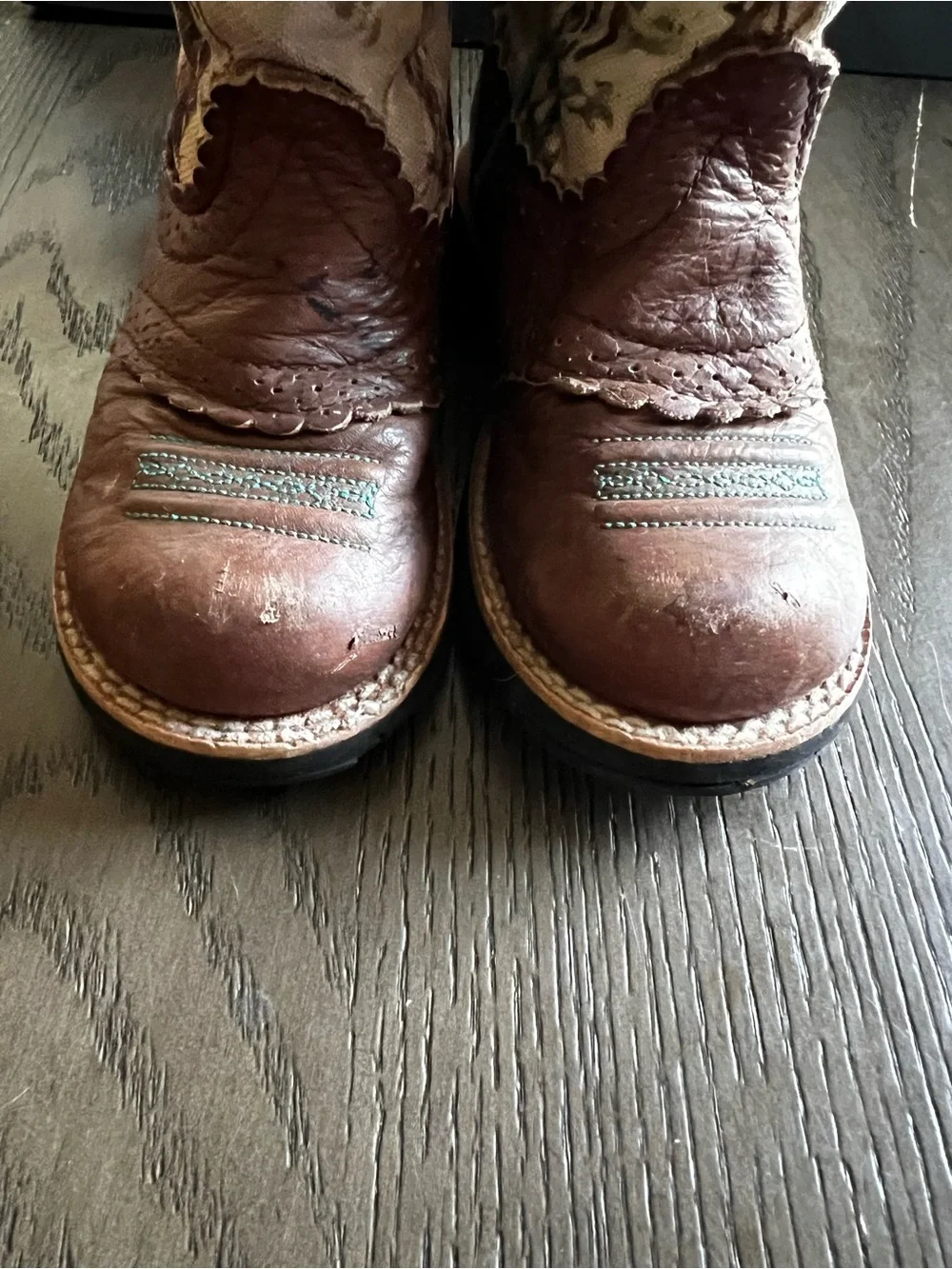 Ariat Brown Leather Kids Cowboy Boots with Teal Accents